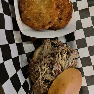 Potato cakes and Pulled Pork Sandwich