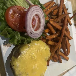 Build your own burger with sweet potato fries