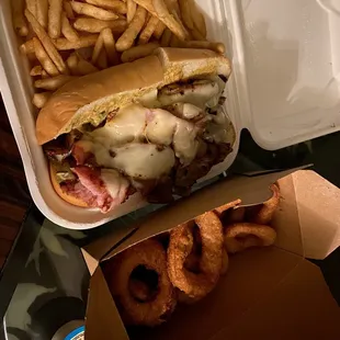 Cubano with fries and onion rings