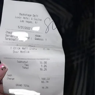 Receipt! 1 chicken and waffles $16.26