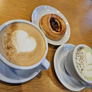 Drinks of the Month (lavender cardamom latte and matcha) and pastry