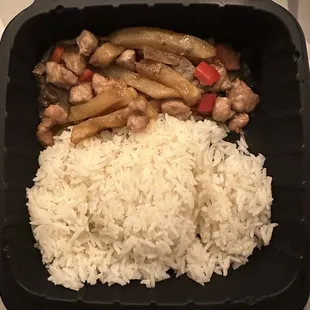 rice, chicken, and vegetables