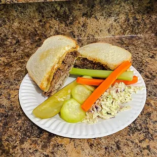 Yummy roast beef sandwich, fresh veggies, pickled cucumber &amp; my fave...the coleslaw!