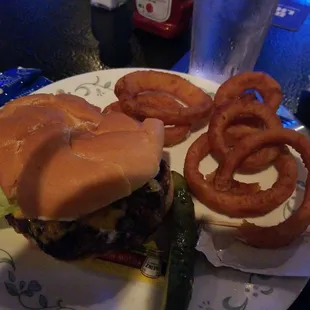 a burger and onion rings