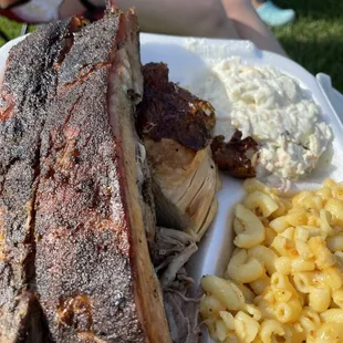3 meat combo ribs, chicken, pulled pork with loaded potato salad, Mac and cheese