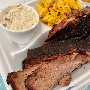 2 meat combo - Ribs and Brisket with 2 sides - potato salad plus Mac &amp; cheese