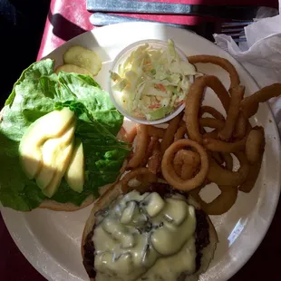 California Burger + Mushrooms with Onion Rings &amp; Coleslaw