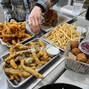 Onion rings, zucchini fries, Mexicana burger, regular fries, hush puppies