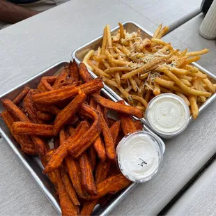 Sweet potato fries and garlic fries