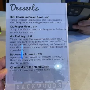 Dessert menu