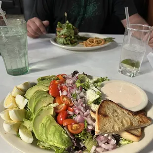 Southwest Cobb minus corn and beans, two part burger with lettuce.