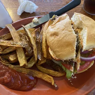 Burger on sourdough bun and homemade fries