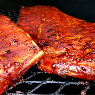 Slow smoked ribs with oak, hickory, cherry woods. NO PELLETS!