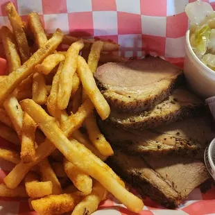 Brisket with fries &amp; cooked cabbage