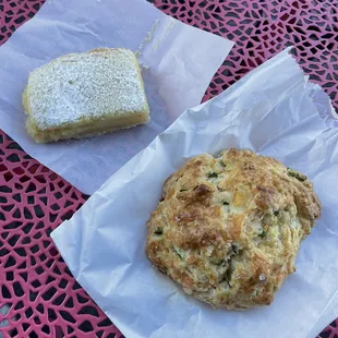 Cheddar jalapeño scone, lemon bar