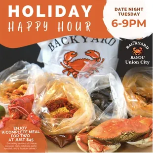 Join us for special deals during our Holiday Happy Hour:
Date Night Tuesday (3-6PM):
Enjoy a complete meal for