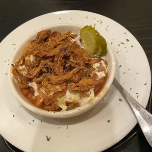 Sundae- beans, Cole slaw, fried onions