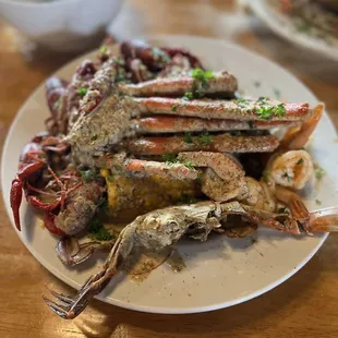 a plate of cooked seafood