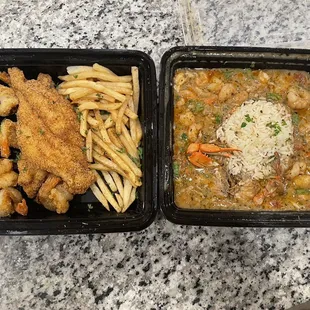 Crab rice and Fried Catfish and Shrimp -togo