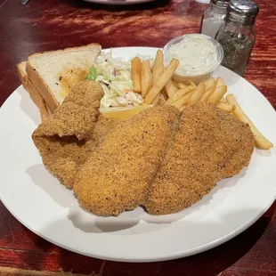 Fried catfish, coleslaw, fries and toast. DELICIOUS!! Hot, fresh Fantastic! Super service with a smile!