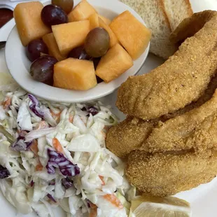 Fried catfish, fruit, and coleslaw...meh!