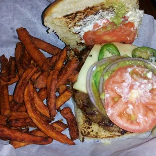 Snakebite burger and sweet potato fries. YUMMMMM