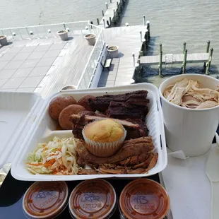 a tray of food on a dock