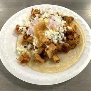 Pollo Taco on Corn Tortillas Before a Trip to the Toppings Bar