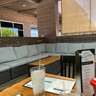 a table with a glass of water on it