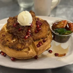 Persimmons &amp; pomegranate chicken waffles, added jalapeños to syrup, yum!