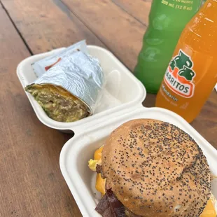 Breakfast burrito (left) &amp; breakfast sandwich (right)