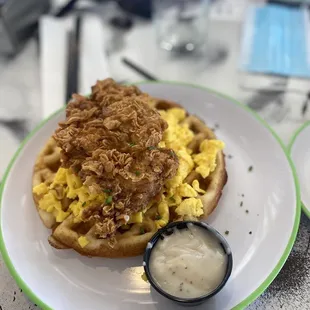 Chicken and Waffle with gravy and scrambled eggs