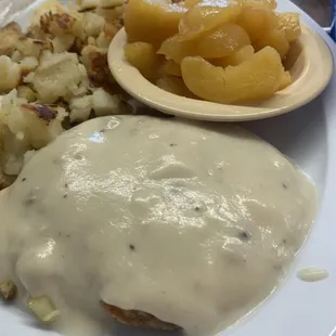 Country Fried Steak w/ Fried Cornbread (not sweet), Fried Potatoes and Fried Apples