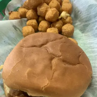 BBQ pork on bun (you chose your bread) and hot pepper cheese cubes