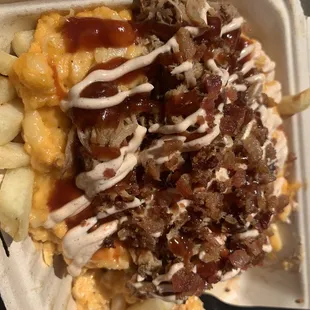 Mac and cheese fries with pulled pork added! So flavorful