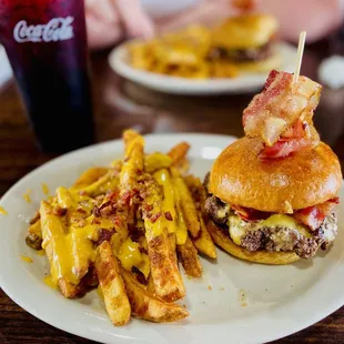 Bacon cheeseburger and bacon cheese fries