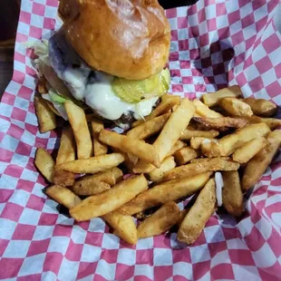 Bacon cheeseburger and fries