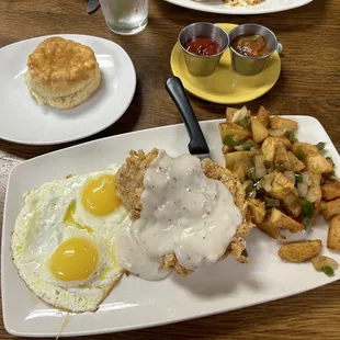 Chicken Fried Chicken with Egg breakfast- served with breakfast potatoes and choice of bread