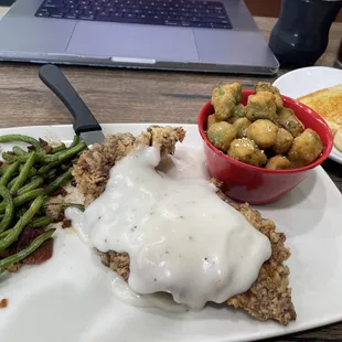 Chicken Fried Steak Plate, Fried Okra, Bacons Green Beans.... So good!