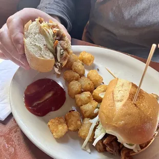 BBQ pulled pork sandwich, tots were cold.