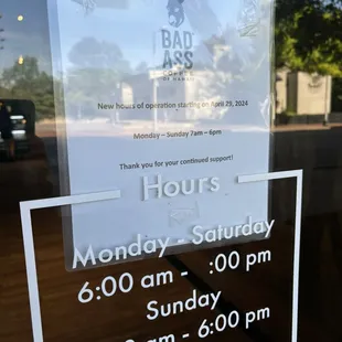 Updated hours starting April 29, 2024: 7am-6pm Monday through Sunday