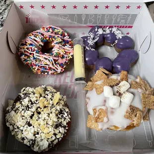 L-R, top-bottom: old fashioned donut w/sprinkles, donut w/ube, cronut w/chips, donut w/cinnamon toast crunch