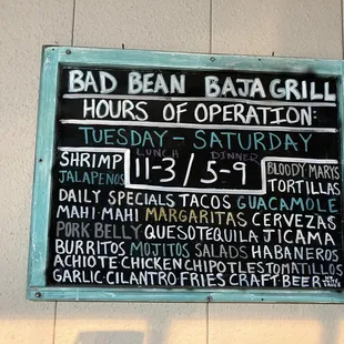 a menu on the wall