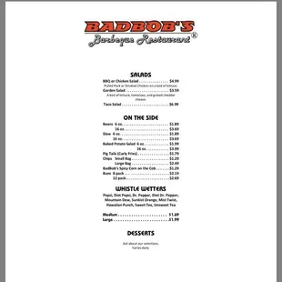 the menu for bad bob's