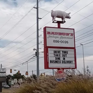 a pig on top of a sign