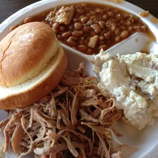 Pulled pork plate with baked potato salad and baked beans
