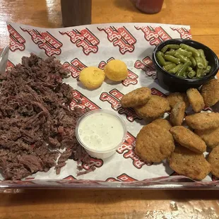Brisket Chopped, Fried Pickles, and green beans