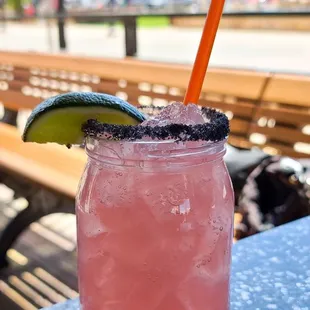 Prickly pear margarita with lava salt. Yum!