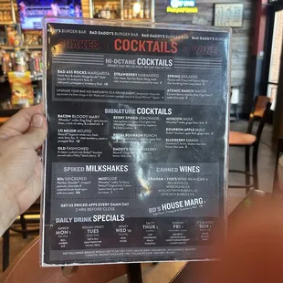 Drink menu at Bad Daddy's