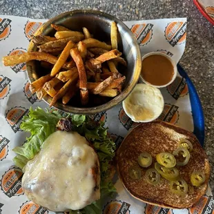 Chicken burger with fries
